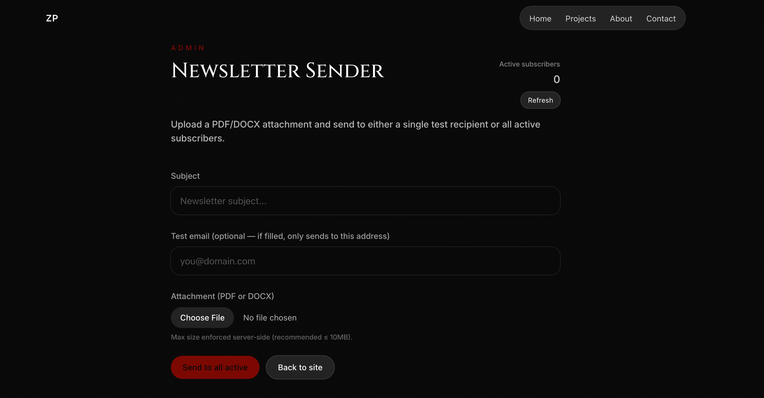 Newsletter Template on the Admin Page